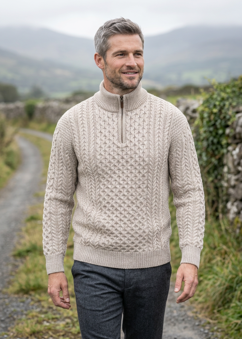 Men's Merino Wool Aran Half Zip Sweater | Camel