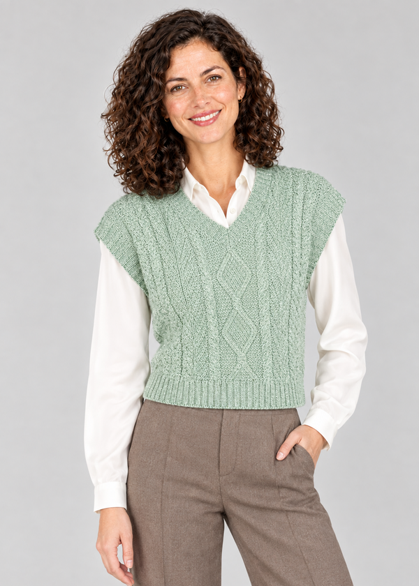 Women's V Neck Aran Vest | Sage Marl