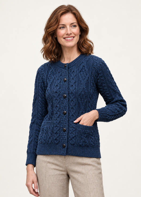 Women's Aran Cardigan Navy Green Mix | Authentic Irish Cable Knit