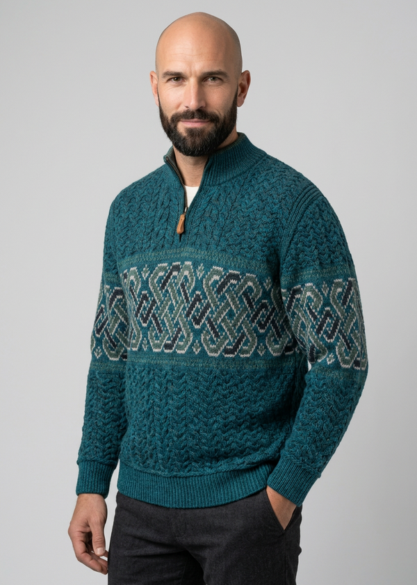 Aran Crafts Celtic Jacquard Zip Sweater | Premium Merino Wool | Clearance