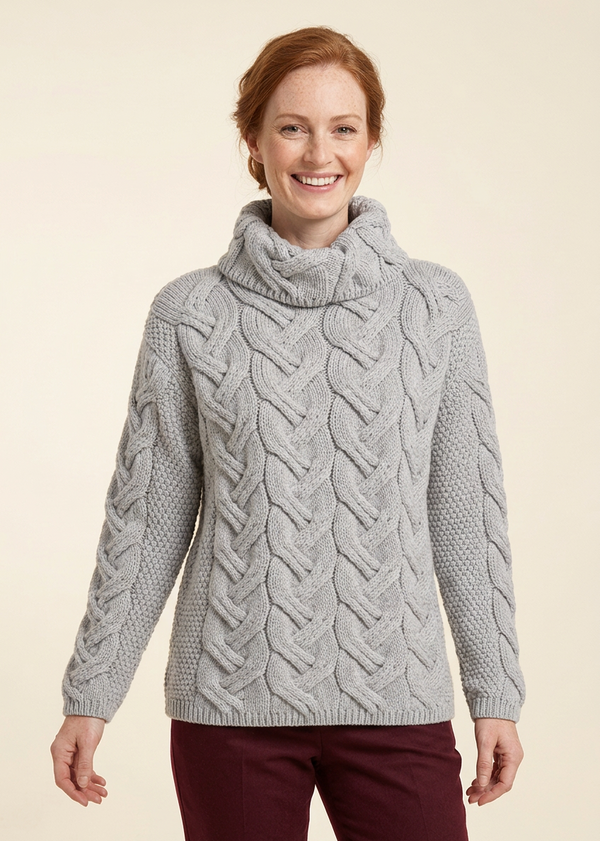 Women's Aran Cowl Neck Chunky Sweater | Grey 