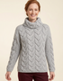 Women's Aran Cowl Neck Chunky Sweater | Grey - Clearance