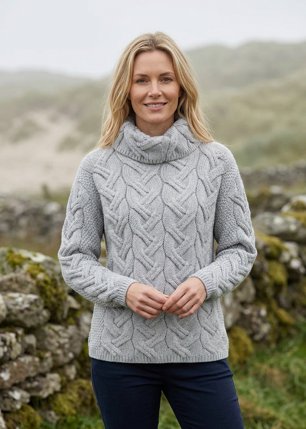 Women's Aran Cowl Neck Chunky Sweater | Grey - Clearance