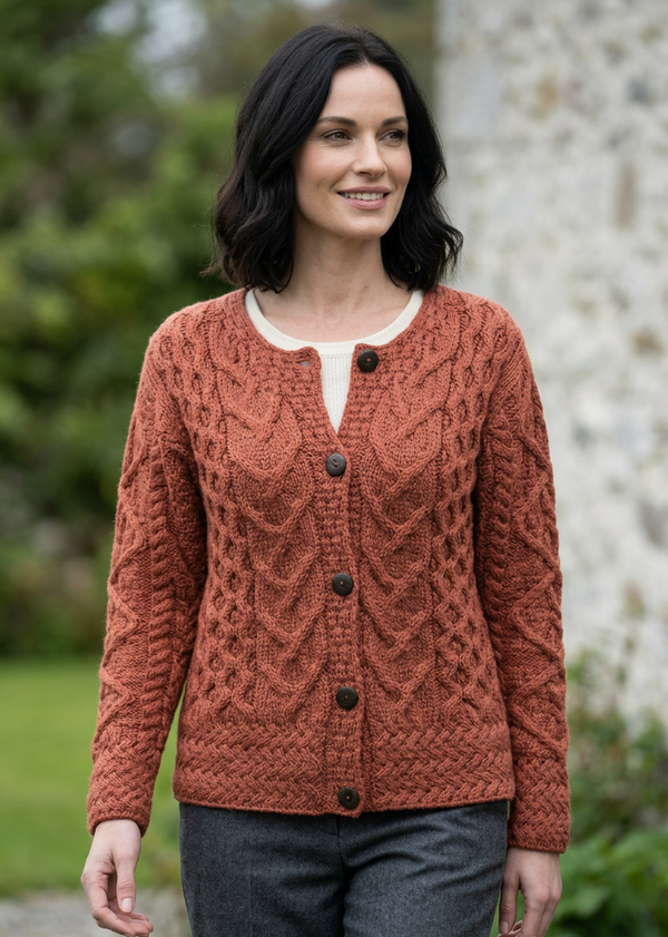Women's Aran Cable Knit Cardigan - Autumn Leaves | 100% Merino Wool