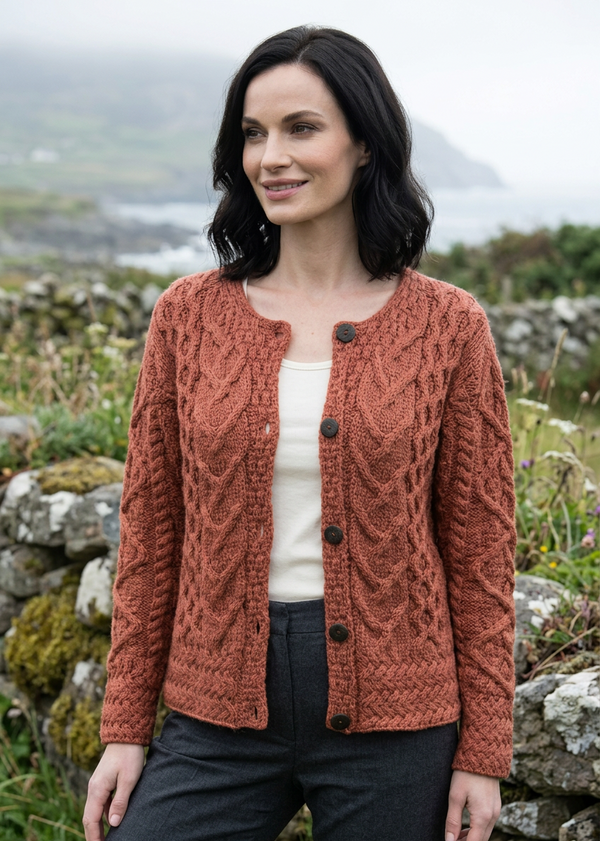 Women's Aran Cable Knit Cardigan - Autumn Leaves | 100% Merino Wool