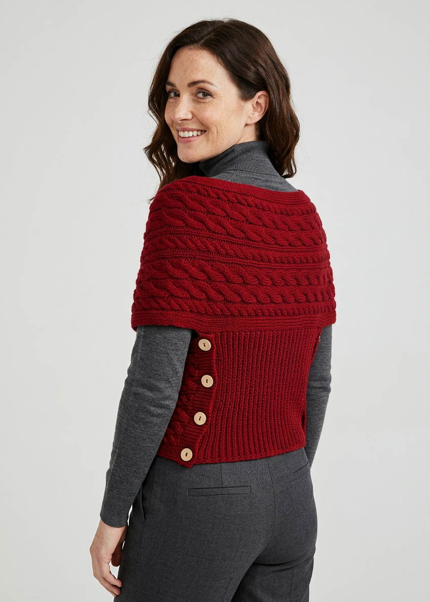 Ladies Merino Wool Cable Crossover Aran Button Wrap | Red