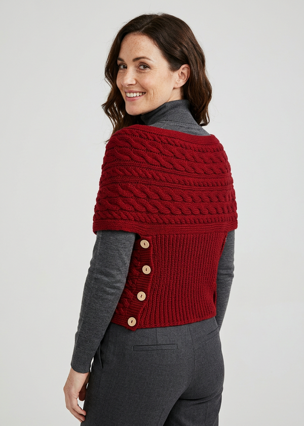 Ladies Merino Wool Cable Crossover Aran Button Wrap | Red
