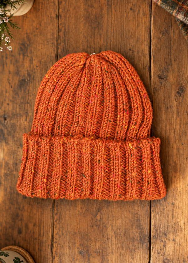 100% Donegal Wool Hill Walker beanie hat | Orange