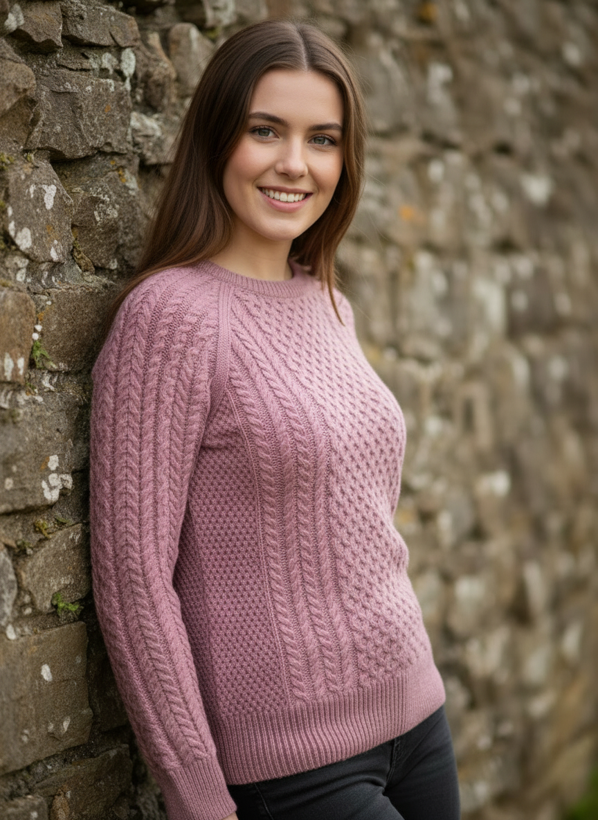Rustic stone wall outdoors-Ladies Slim-Fit Aran Sweater | Rose Pink | 100% Merino Wool