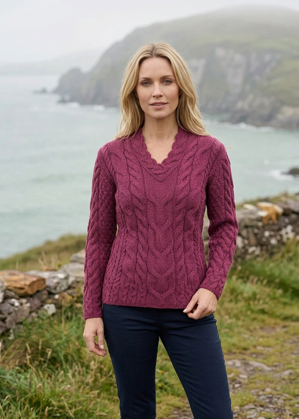 Ladies V-Neck Supersoft Merino Aran Sweater - Raspberry