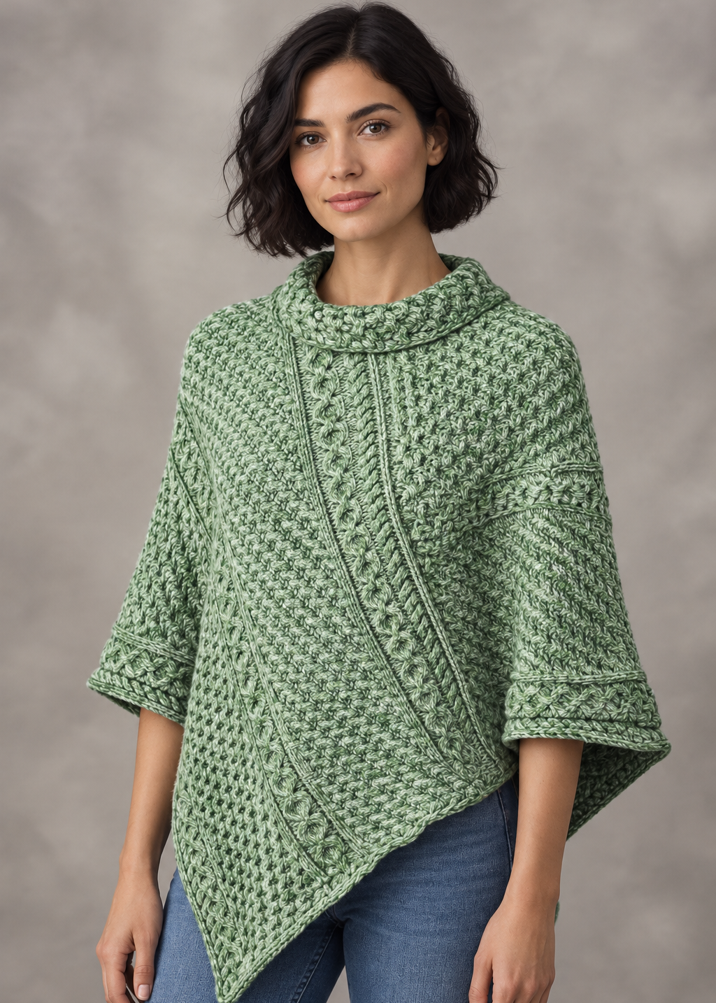 Aran Merino Wool Cowl Poncho | Green Leaf | Premium Heritage Knitwear