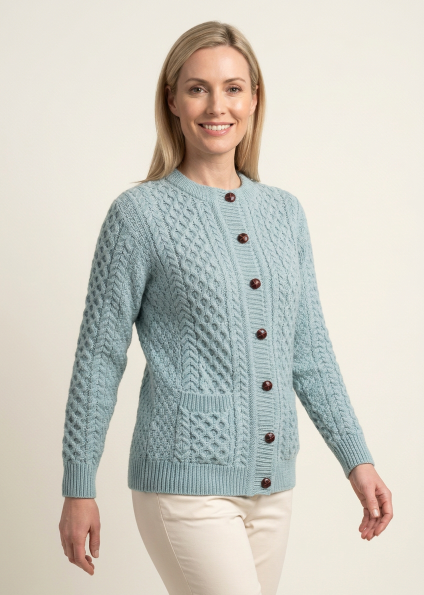 Aran Cable Knit Cardigan | 100% Wool | Aqua
