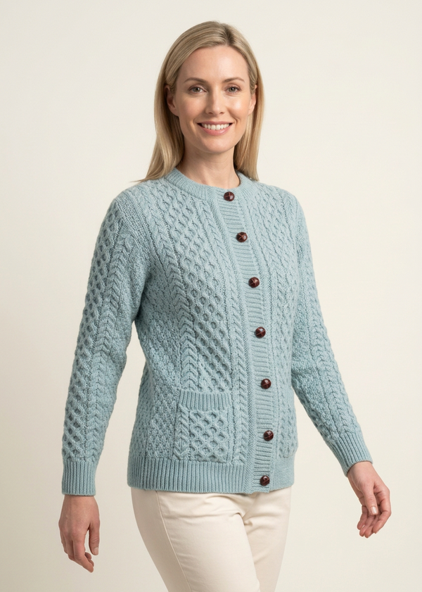 Aran Cable Knit Cardigan | 100% Wool | Aqua