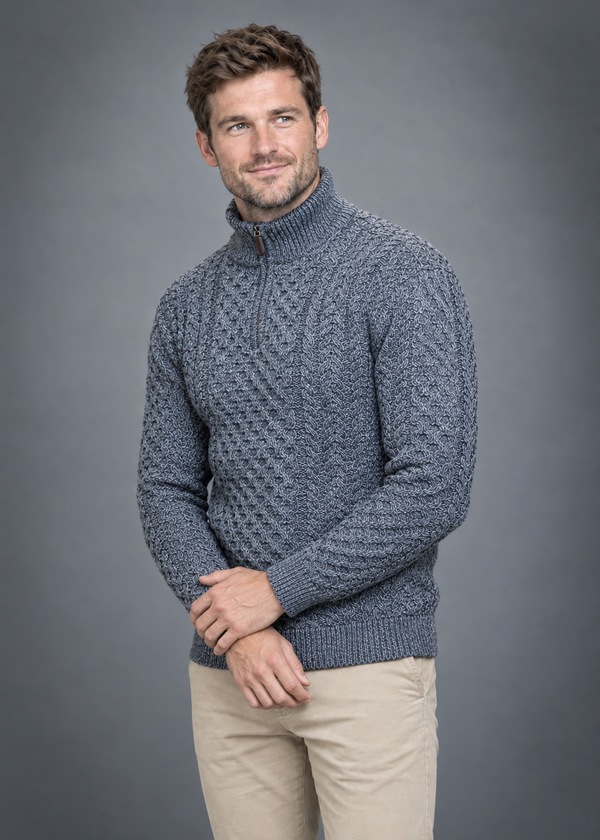 Aran Cable Knit Half Zip Sweater - 100% Merino Wool | Slate