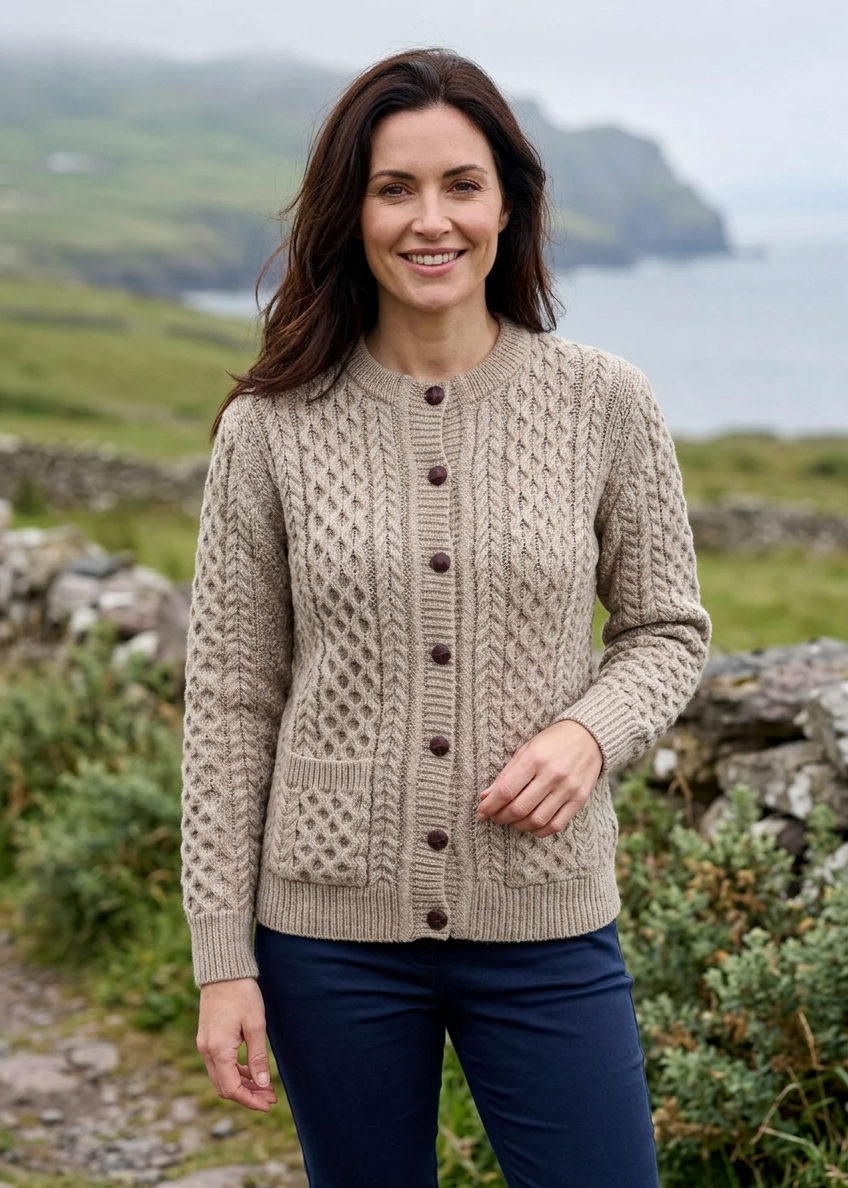 Aran Lumber Cardigan | 100% Merino Wool | Oatmeal