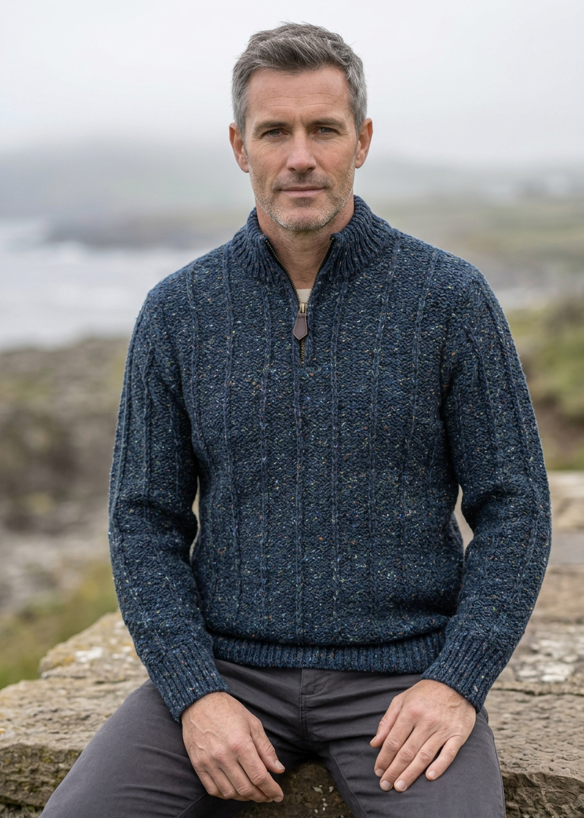 Men’s Flecked Merino Wool Quarter Zip Fisherman Sweater | Blue Melange - Clearance