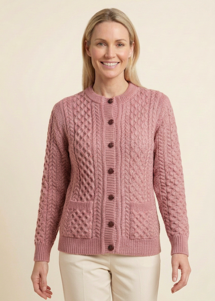Women's Aran Merino Wool Lumber Cardigan - Rose Ash Pink