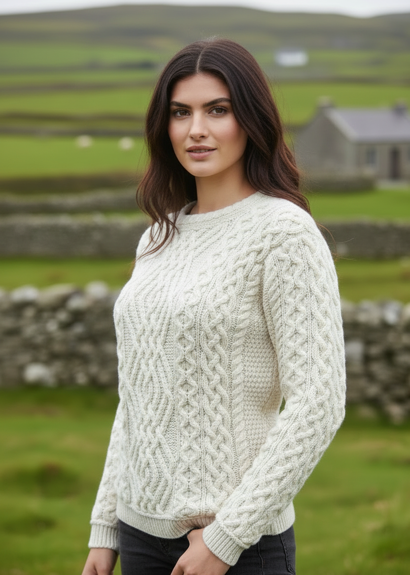 Women's Traditional Aran Cable Knit Sweater - 100% Merino Wool - Made in Ireland