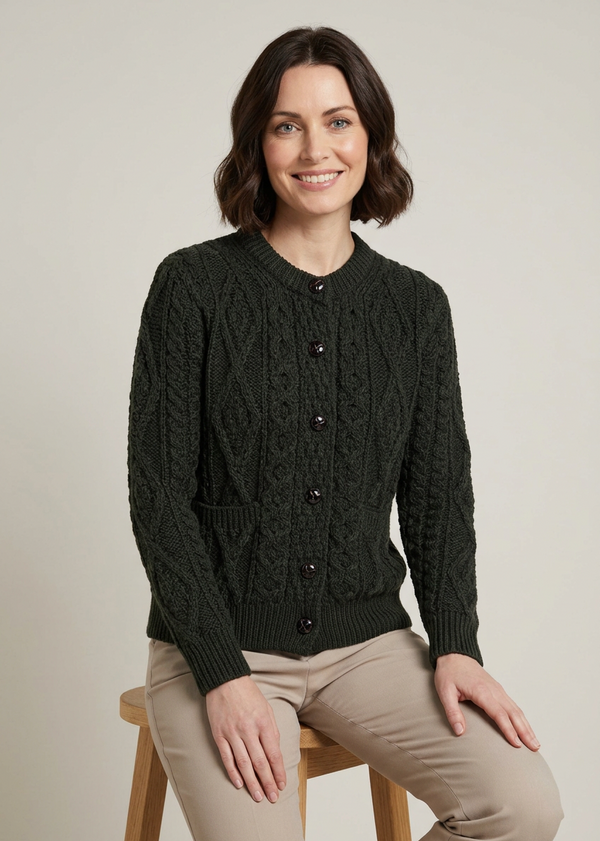 Inagh Ladies Aran Cardigan | Army Green | 100% Worsted Wool