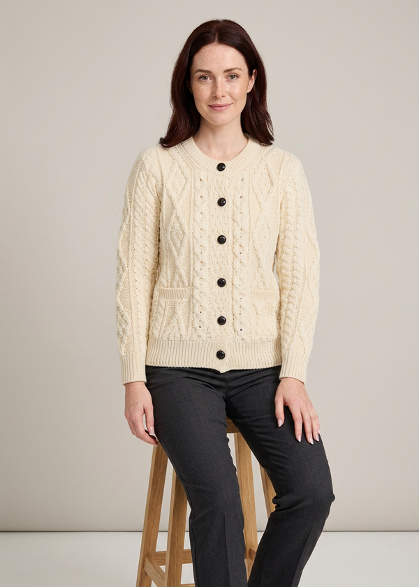 Ladies Aran Cardigan | 100% Wool | Natural