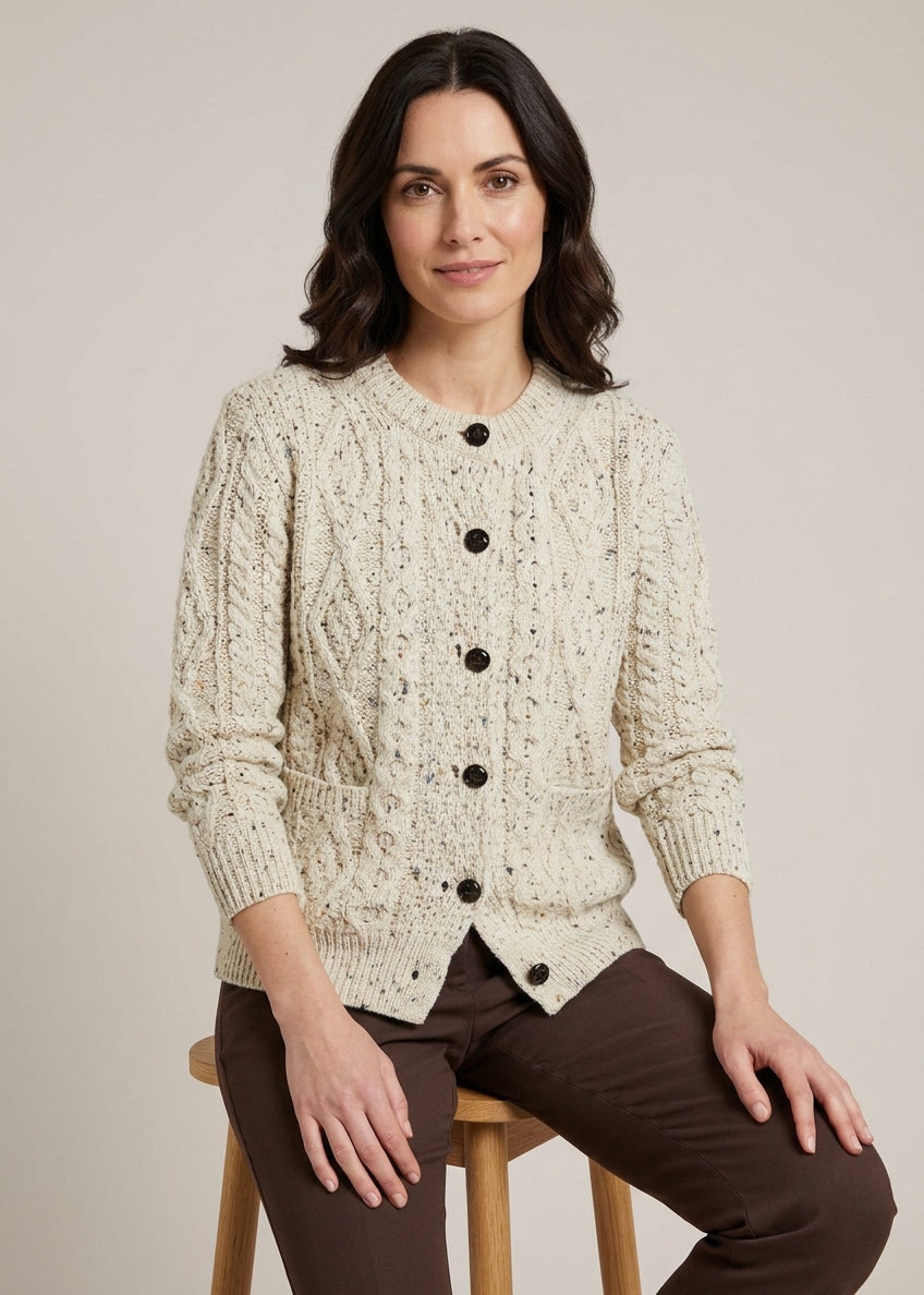 Ladies Aran Cardigan in Flecked Cream | 100% Wool