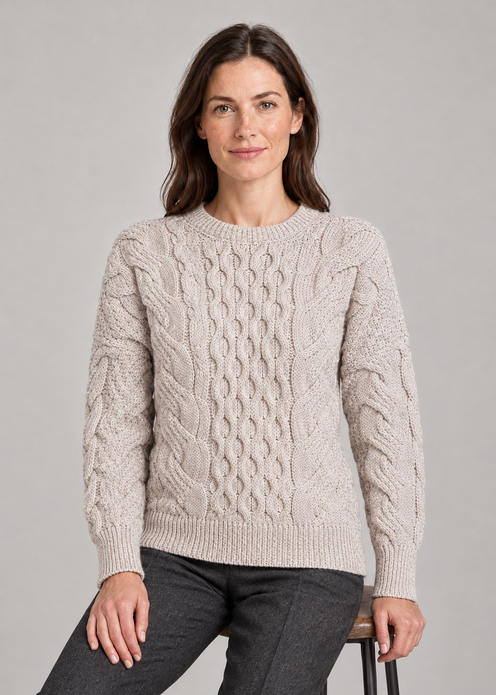 Ladies Long Crop Cable Supersoft Merino Aran Sweater | Oatmeal