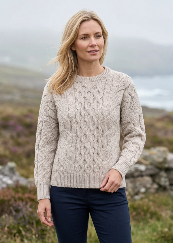 Ladies Long Crop Cable Supersoft Merino Aran Sweater | Oatmeal