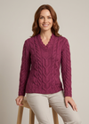 Ladies V-Neck Supersoft Merino Aran Sweater - Raspberry