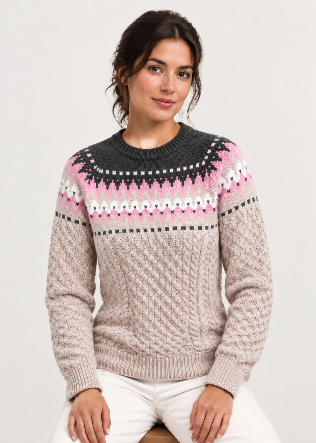 Ladies Slim-Fit Aran Fair Isle Sweater | Beige