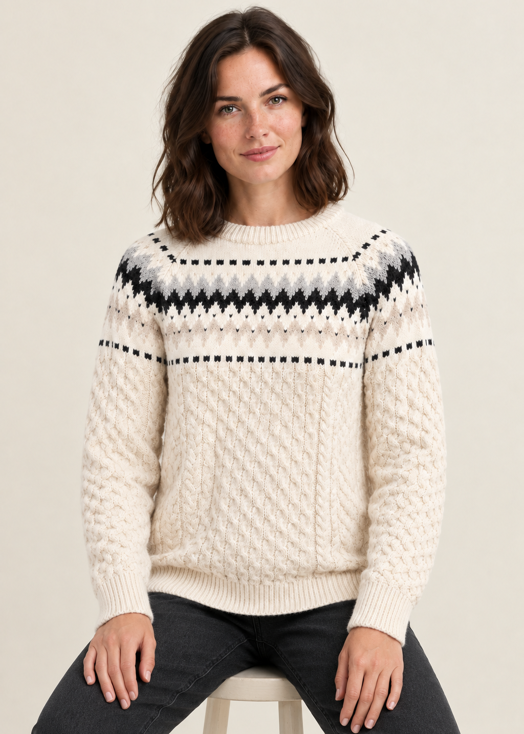 Ladies Slim-Fit Aran Fair Isle Sweater | Natural