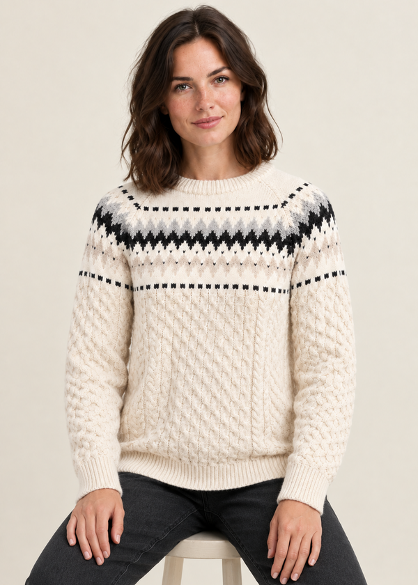 Ladies Slim-Fit Aran Fair Isle Sweater | Natural