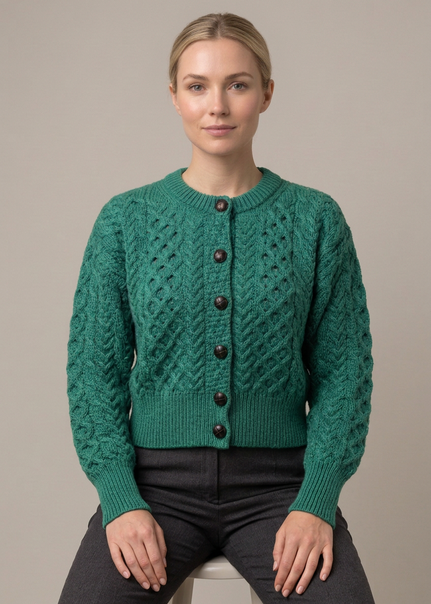 Ladies Merino Cropped Classic Aran Cardigan | Green