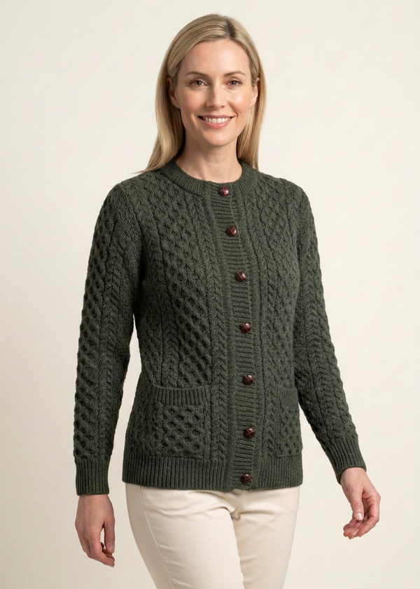 Aran Merino Wool Cable Knit Cardigan | Army Green