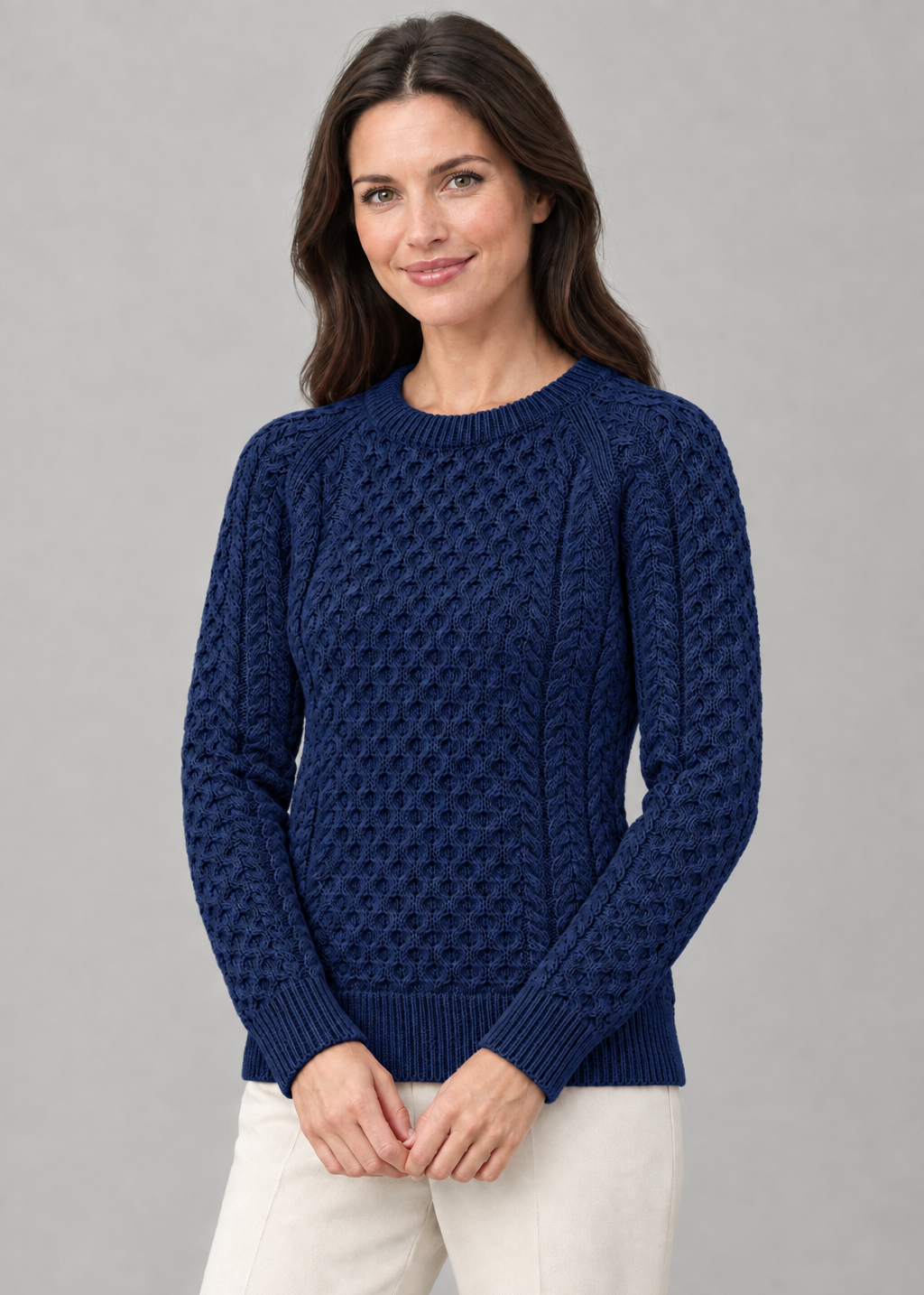 Ladies Slim-Fit Aran Sweater in Navy | Premium Merino Wool