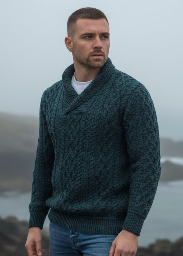 Aran Bunratty Shawl Collar Sweater | Peacock