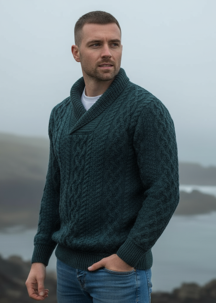 Aran Bunratty Shawl Collar Sweater | Peacock