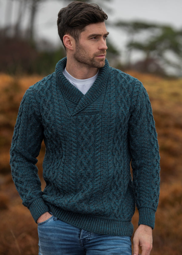 Aran Bunratty Shawl Collar Sweater | Peacock