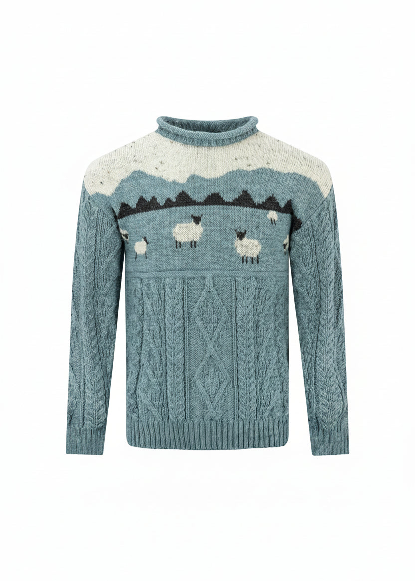 Unisex Pure Wool Sheep Aran Sweater | Summer Storm