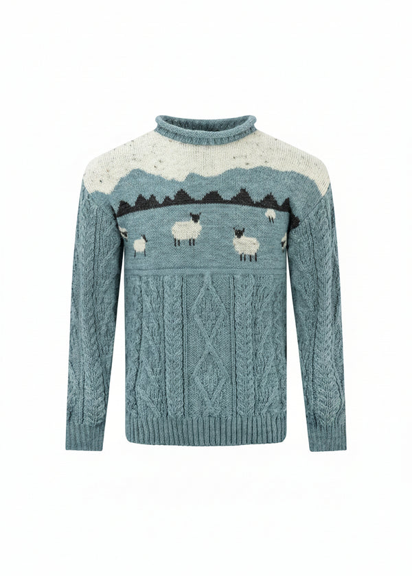 Unisex Pure Wool Sheep Aran Sweater | Summer Storm