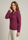 Ladies V-Neck Supersoft Merino Aran Sweater - Raspberry