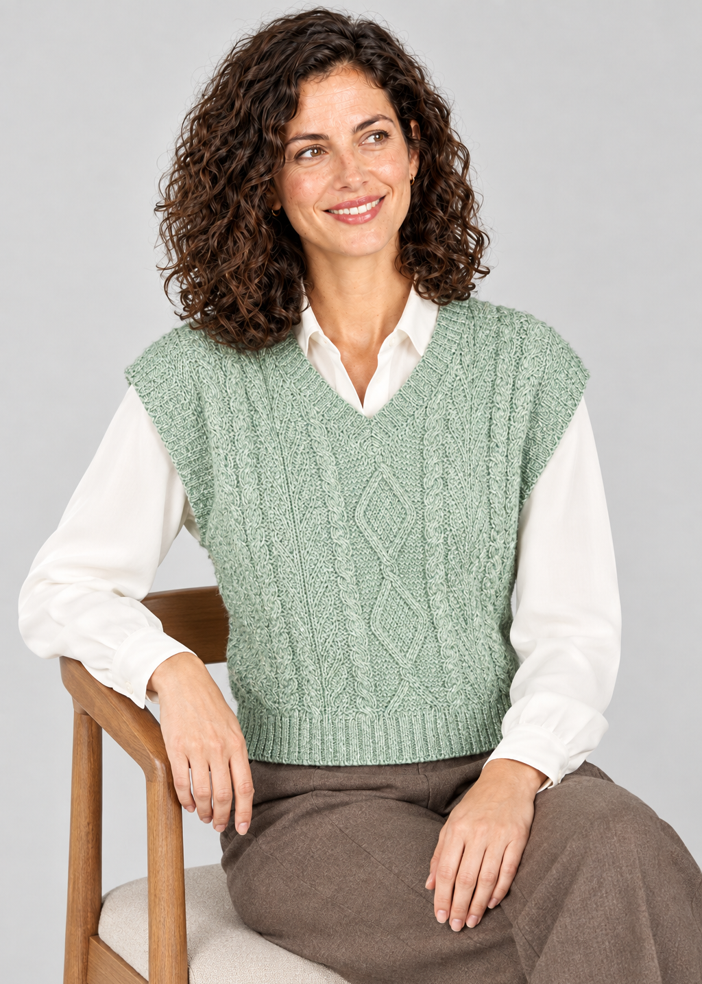 Women's V Neck Aran Vest | Sage Marl