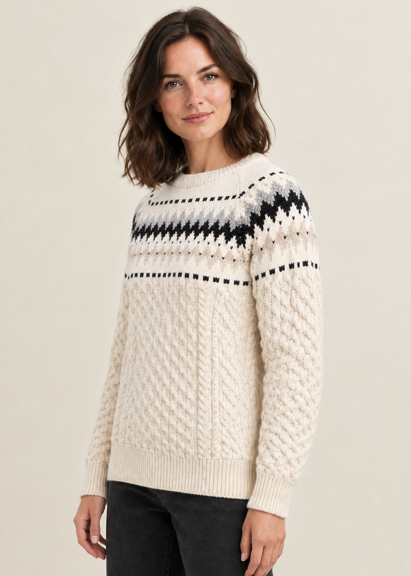 Ladies Slim-Fit Aran Fair Isle Sweater | Natural