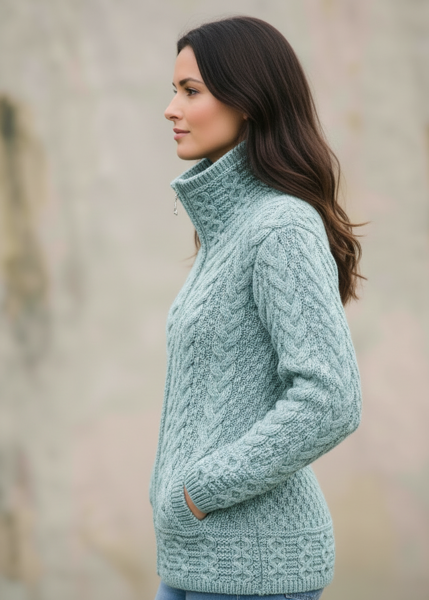 Side angle view-Aran Crafts Double Collar Trinity Cardigan - Mermaid Blue