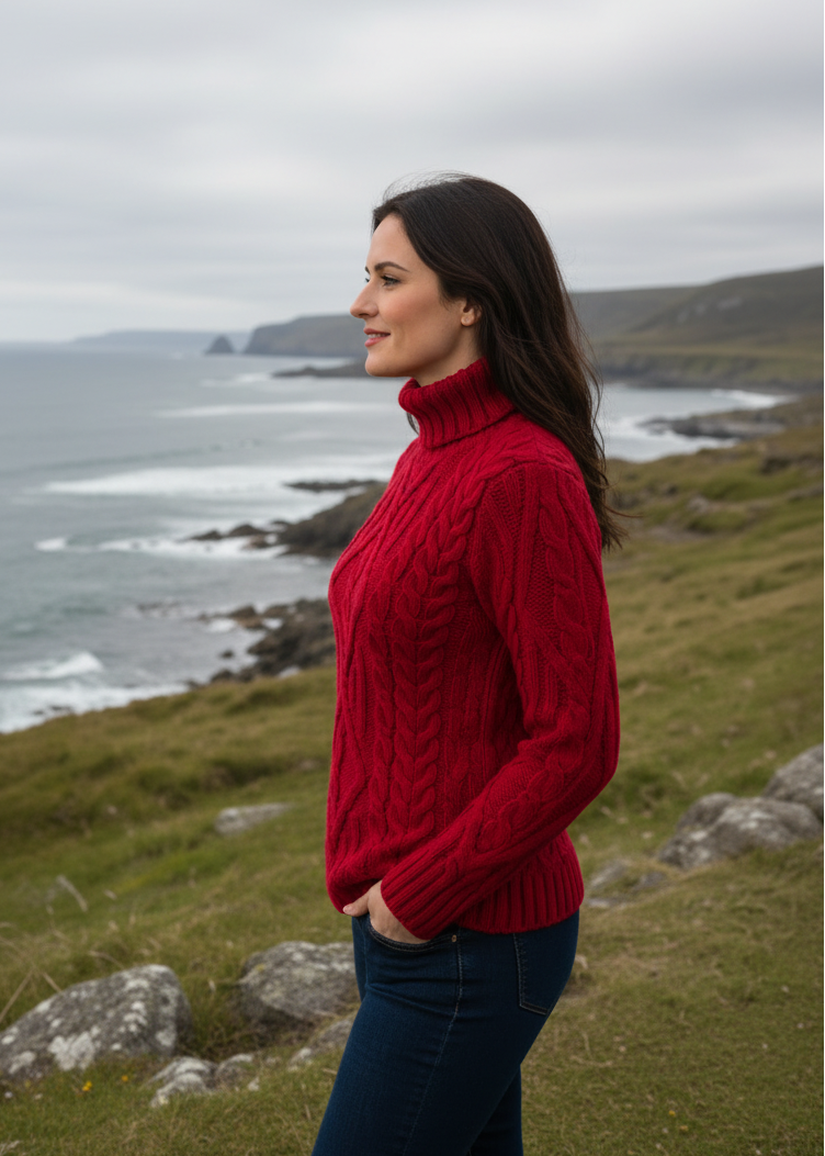 Aran Garnet Red Turtleneck Sweater | 100% Merino Wool | Traditional Irish Cable Knit