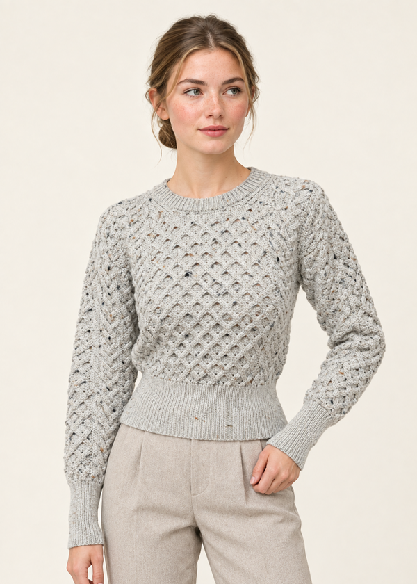 Ladies Merino Cropped Classic Aran Sweater | Flecked Nepp