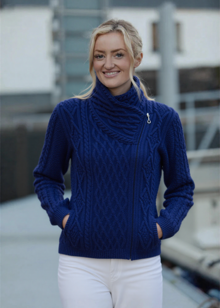 Claddagh Side Zip Aran Cardigan | Blue