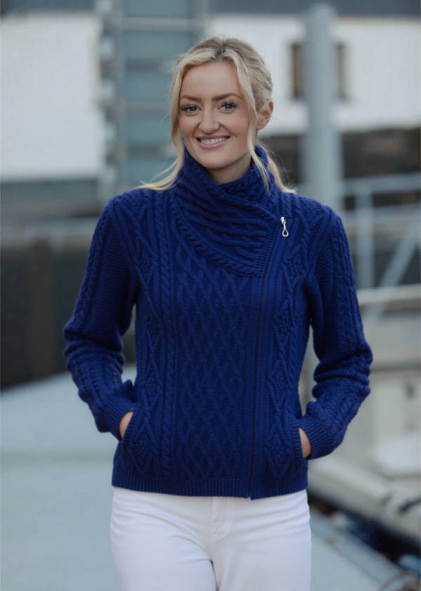 Claddagh Side Zip Aran Cardigan | Blue