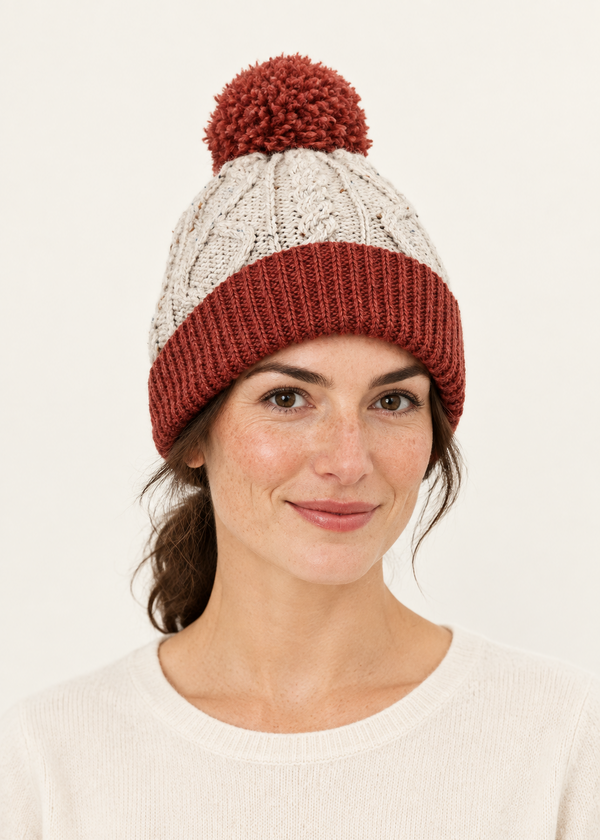 Two Tone Aran Pom Pom Hat | Oatmeal & Sienna