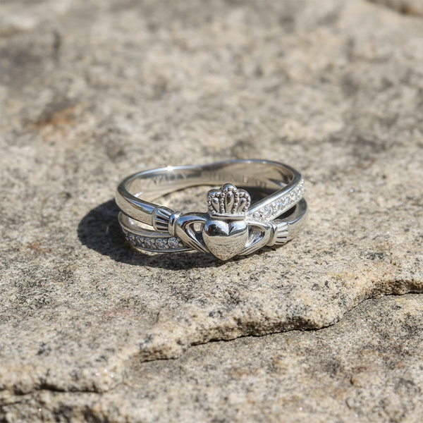 Sterling Silver Claddagh Kiss Ring with Cubic Zirconia