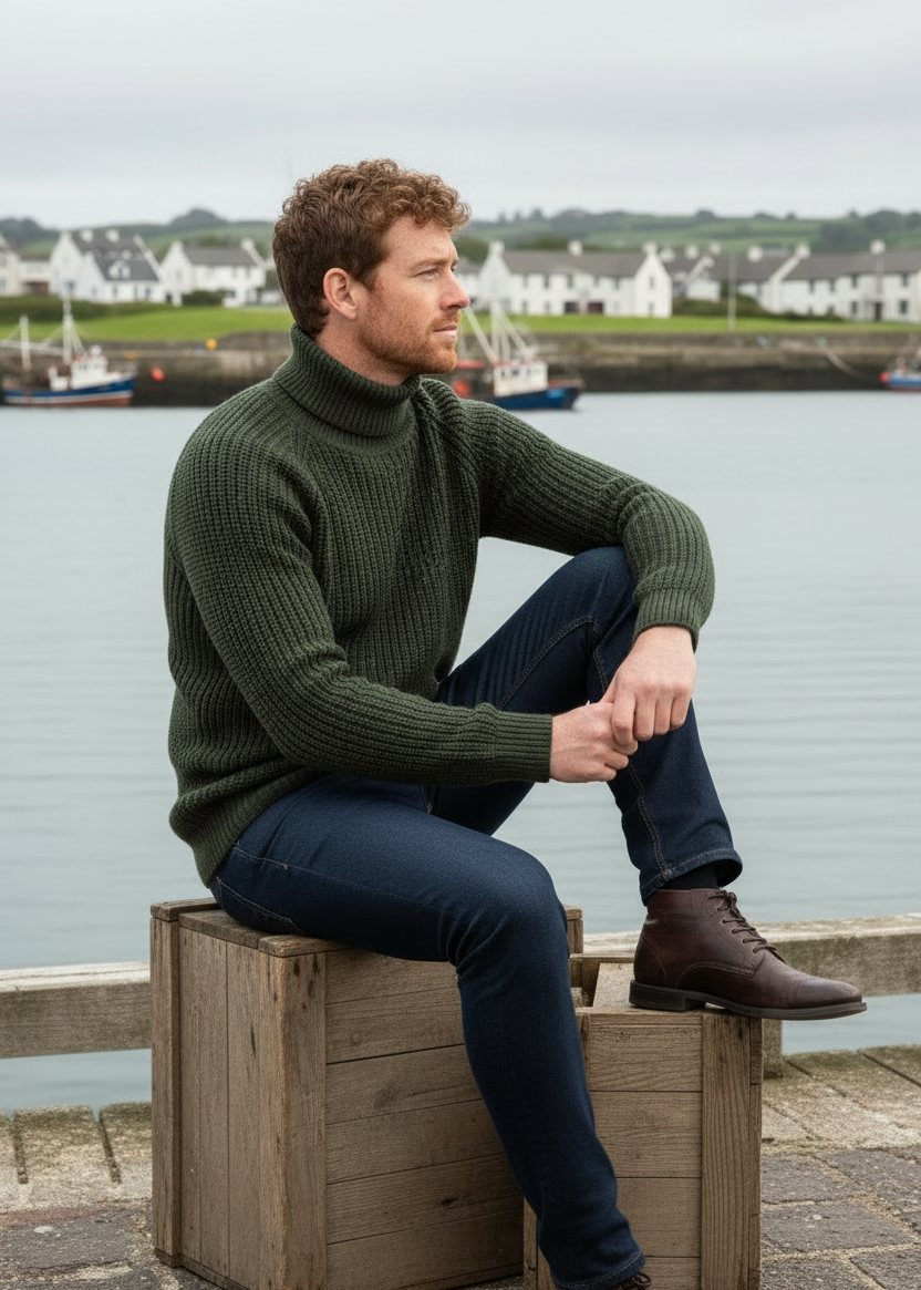 Aran Submariner Rib Roll Neck Sweater - Army Green | 100% Merino Wool